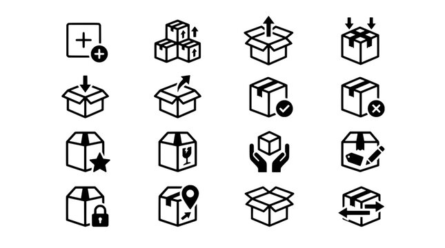 Boxes icon set with various delivery and storage symbols featuring icons, package, shipping with download and upload elements for add, remove