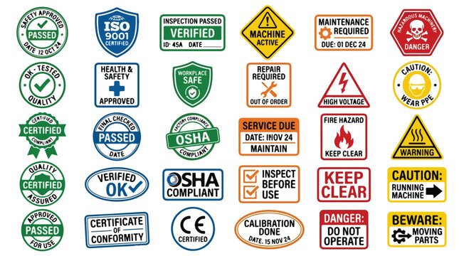 Industrial safety signs and quality assurance labels, set of 30 OSHA compliant stickers, manufacturing warning icons and certification stamps