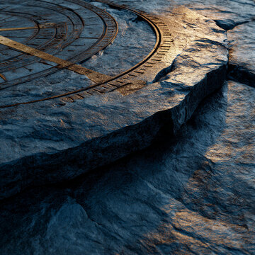 Ancient stone sundial on rough bluestone under bright noon sun, casting sharp shadows and warm gold tones. Clean layout provides ample copy space, ideal for summer solstice and time management themes.