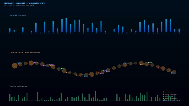 Advanced molecular software displays CRISPR Genome Editing results by animating blue bars of DNA methylation and orange chromatin fibers across a dark data visualization interface