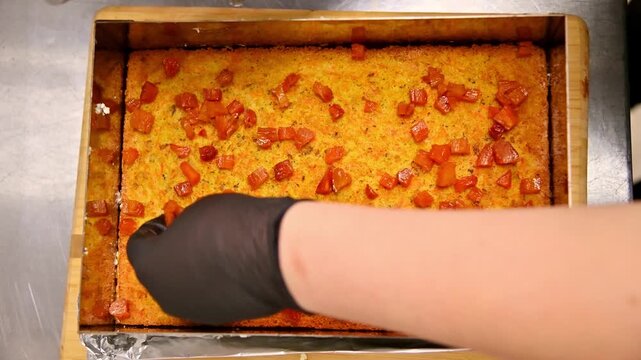 Hand adding diced fruit to carrot cake layer in baking tray on kitchen counter