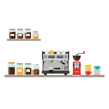 Coffee shop interior design: espresso machine, grinder, and jars of coffee beans