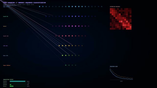 Dynamic digital displays track CRISPR Genome Editing in real time as deep learning neural networks process complex biological sequences within a dark futuristic laboratory interface.