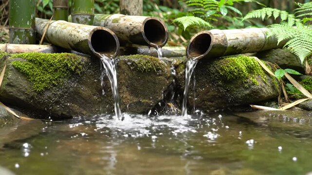 Bamboo water spouts in forest perfect for wellness retreats and nature documentaries