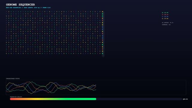 A futuristic laboratory interface displays CRISPR Genome Editing data as DNA sequences and chromatogram waves continuously progress across the dark digital screen during a realistic simulation