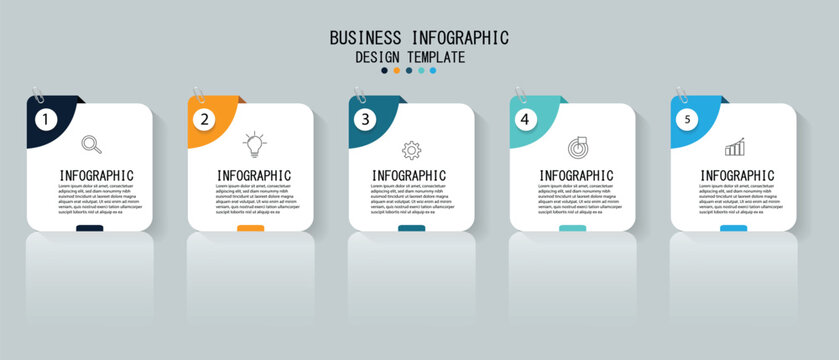 Business infographic template design with note papers 5 step or option. Can be used for info graphics, flow charts, presentations, web sites, banners, label template with icons.