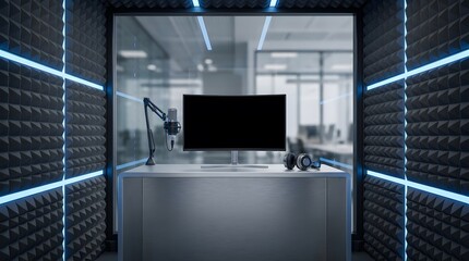 Professional sound recording studio with acoustic foam panels and broadcasting equipment on metal desk.