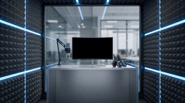 Professional sound recording studio with acoustic foam panels and broadcasting equipment on metal desk.