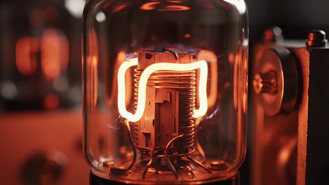Vacuum tube glowing with electrical discharge in amplifier with intricate internal structure