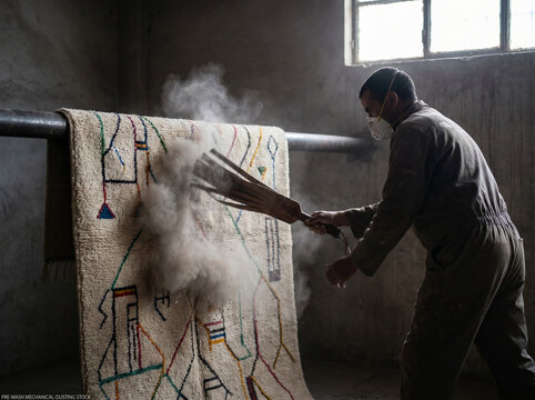 Berber Azilal Moroccan rug being struck with leather flogger paddle releasing a dense cloud of fine grey dust