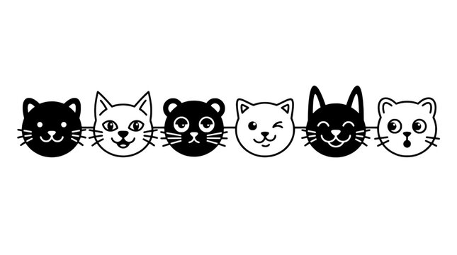 Cats cartoon faces set with black and white illustrations featuring cat, line, art with simple and line art elements for minimalistic, kawaii