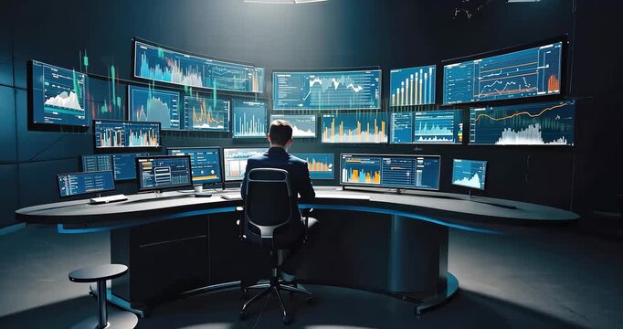 Data analyst working with multiple computer screens displaying information