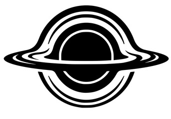 Solid black vector silhouette of a black hole with a glowing gravitational accretion disk bending around its event horizon. Sharp, clean minimalist cosmic graphic representing deep space, astronomy © Suriya