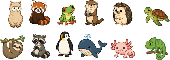 Fototapeta premium Friendly Cartoon Animal Pack Featuring Alpaca, Red Panda, Frog, Otter, Hedgehog, Turtle, Sloth, Raccoon, Penguin, Whale, Axolotl, and Chameleon for Fun Kids’ Projects