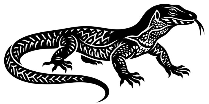 Solid black vector line art illustration of a dynamic Asian water monitor lizard with tribal scales, sharp claws, and a flicking forked tongue. Sharp, clean high-contrast reptile graphic 