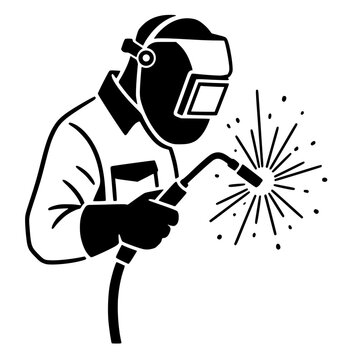 Solid black vector line art illustration of a professional welder in a protective mask and heavy gloves using a MIG torch welding gun with bright sparks flying out. Sharp, clean industrial graphic