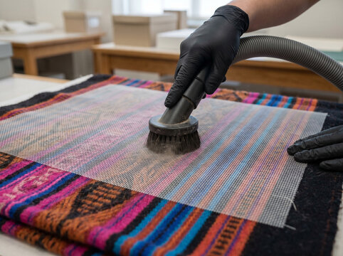 Peruvian frazada delicate conservation vacuuming through fiberglass mesh screen protecting vivid striped textile from direct suction