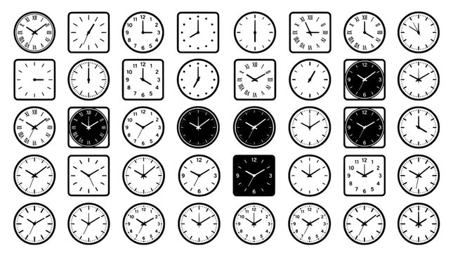 Clock face icon set with vintage stopwatch designs, minute and hour marks, and clean monochrome vector style