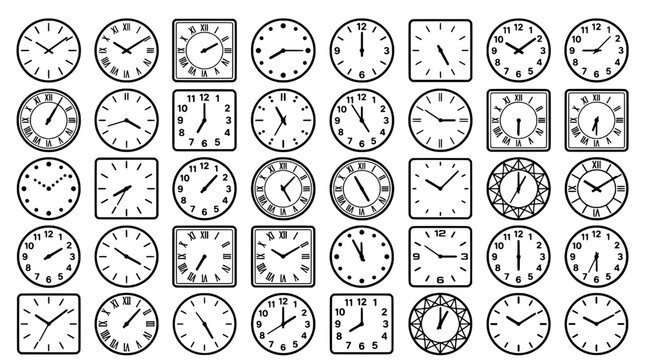 Clocks set with various designs and styles for time display featuring analog, digital, round with square and vintage elements for modern, minimalist