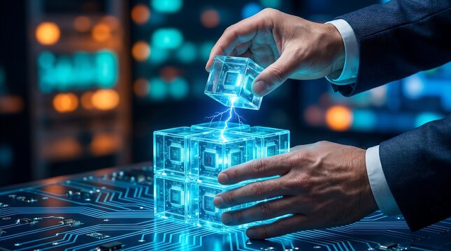 Digital Transformation: Professional hands connecting AI and blockchain components for future global data network solutions and business innovation.