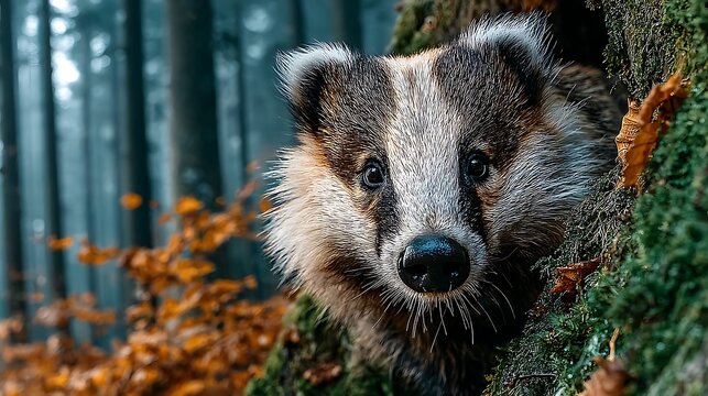 European badger cautiously emerging from moss covered burrow in twilight forest imagesShy european badger peeking from den entrance perfect for woodland wildlife wallpapers