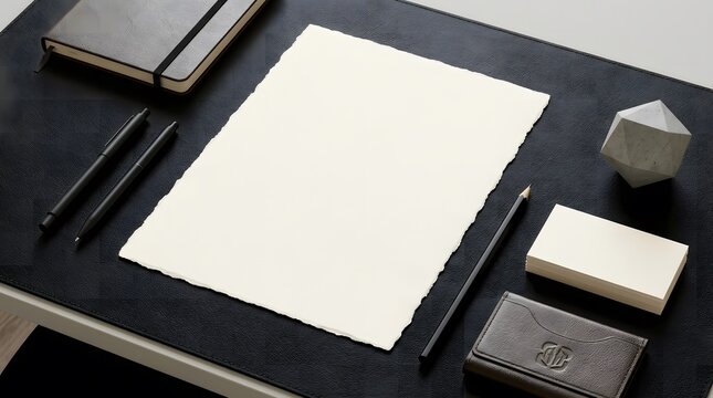 Elegant stationery mockup with blank deckle edge paper and luxury desk accessories on black leather.