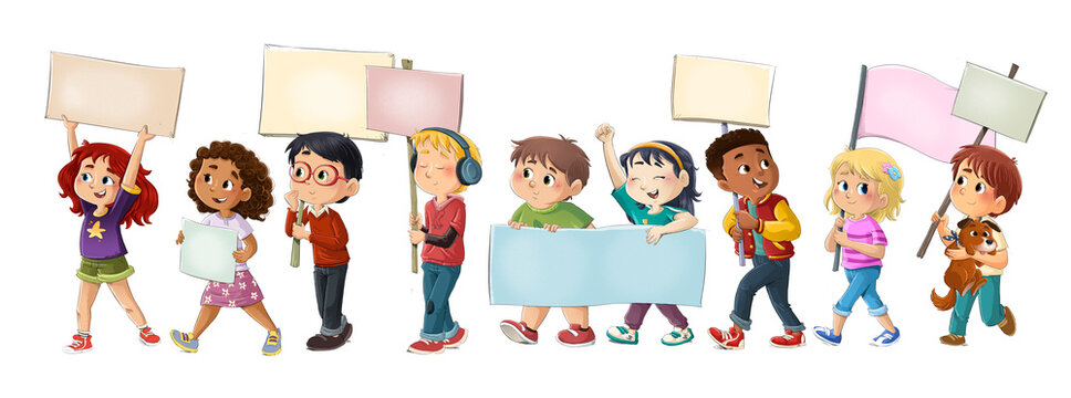 Grupo de ni&ntilde;os caminando con pancartas, ilustraci&oacute;n infantil