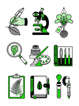 Set of Botany and Science Research Icons featuring Microscope, Magnifying Glass, and Plant Study Tools