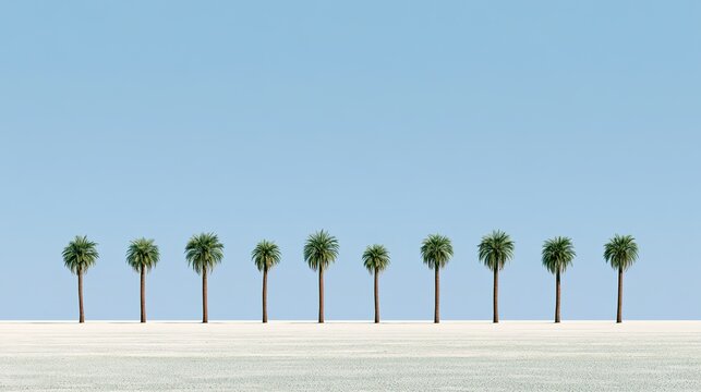 A line of varying height palm trees on a sandy expanse under a clear sky