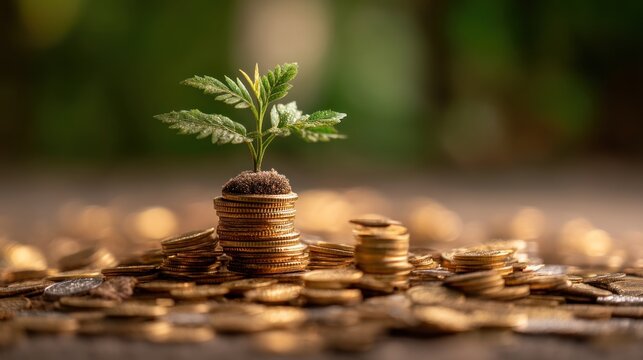Plant growing on stack of coins