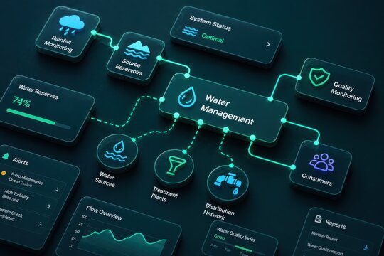 Intelligent Water Management System Interface Showcasing Flow, Data, and Network Connectivity