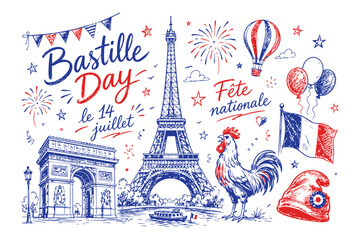 Bastille Day celebration with Eiffel Tower and French symbols.