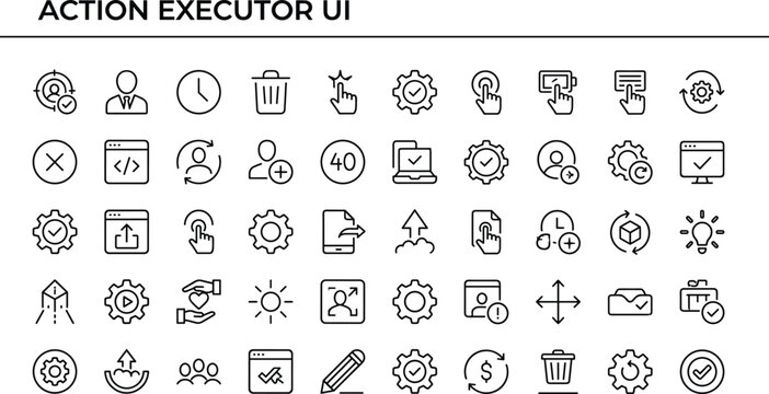 Action executor user interface line icon set with task automation control workflow symbols for apps dashboards and software systems