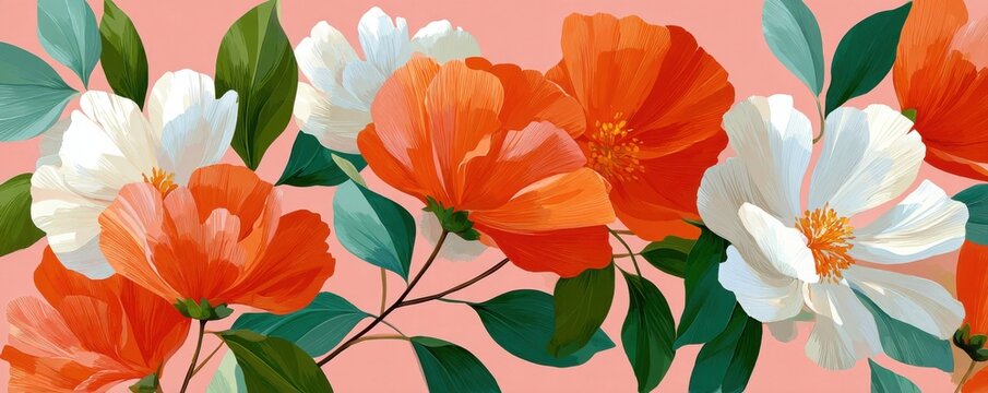 Elegant orange and white floral pattern on a soft pastel pink background for spring designs