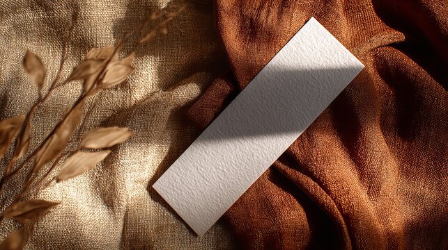 A blank white card on a textured brown fabric background with dried plants