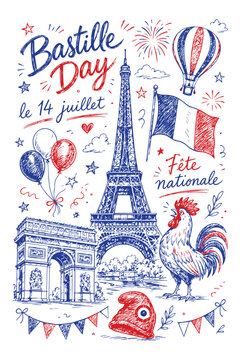 Bastille Day Celebration in France with Iconic Landmarks and Symbols.