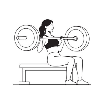 Line art illustration of a woman performing a barbell hip thrust exercise on a gym bench for glute workout
