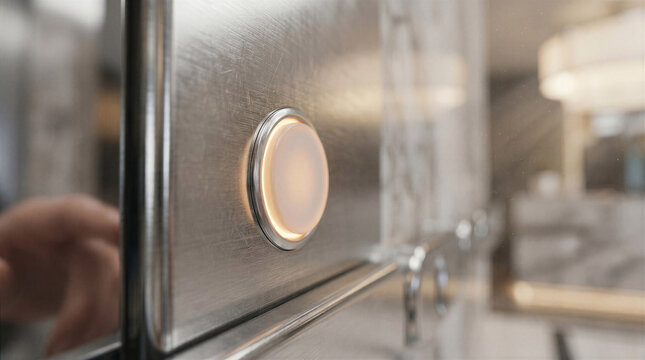 Close up of illuminated elevator button inside a modern building interior. Everyday urban interaction, minimalist technology and anticipation of movement in contemporary spaces.
