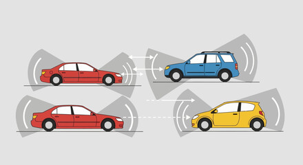 Naklejka premium Autonomous Cars in Communication: Illustration of Sensor Technology