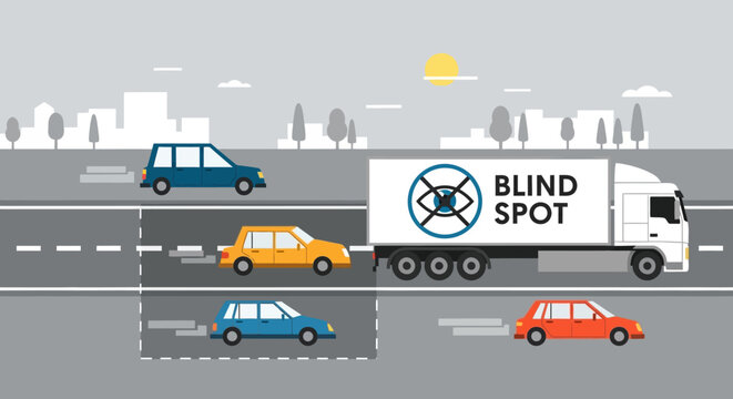 Blind Spot Alert on Truck: Road Safety Concept, Flat Illustration