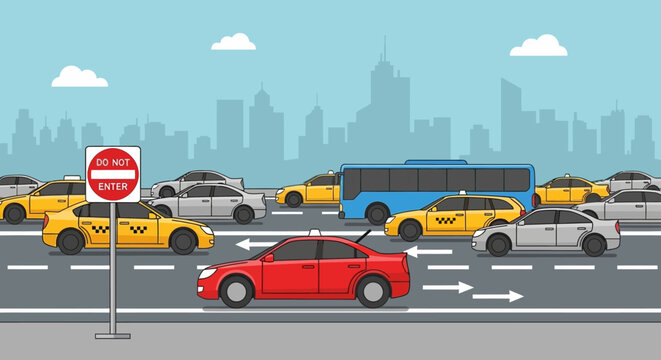 Busy City Street Traffic Jam with Cars and Bus