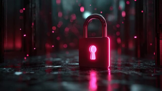 Pink padlock security lock glowing neon on dark reflective floor in abstract digital background, keyhole cyber protection with blurred light for SEO and searchable concept