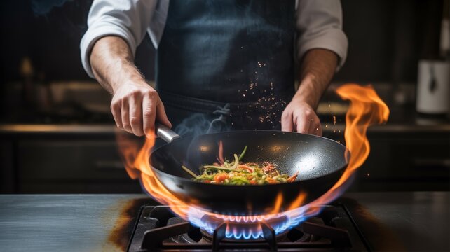 Wok Cooking with Flame and Sparks in Dynamic Action Shot with High Contrast Lighting and Chef Style Concept
