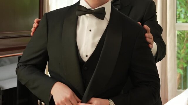 Groom In Black Tuxedo Getting Ready Before Wedding Ceremony