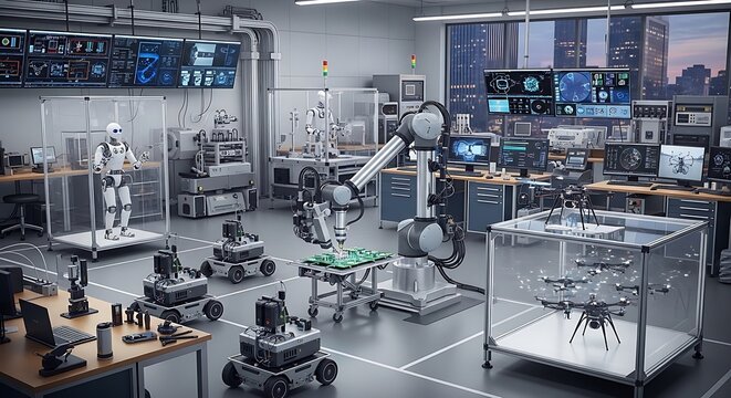 Robotic arm assembling circuit board in a modern high tech laboratory with various autonomous robots and computer monitoring screens