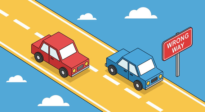 Isometric road safety illustration with cars, wrong way sign on sky background.