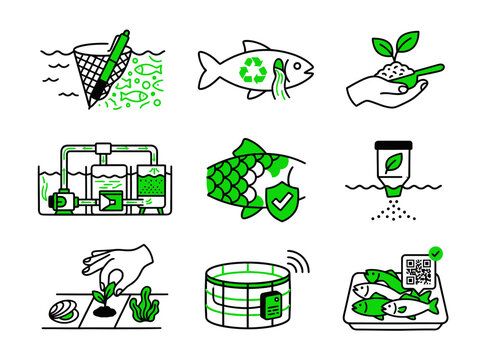 Sustainable Aquaculture and Fish Farming Technology Icon Set