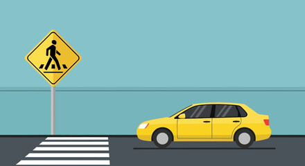 Fototapeta premium Yellow car near pedestrian crossing sign - vector illustration