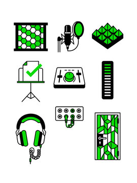 Professional Music Production and Recording Studio Icon Set - Green and Black Audio Equipment Vector
