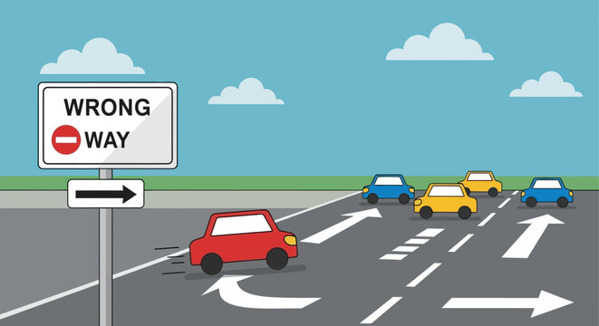 Wrong Way Sign on Road with Cars and Traffic Direction